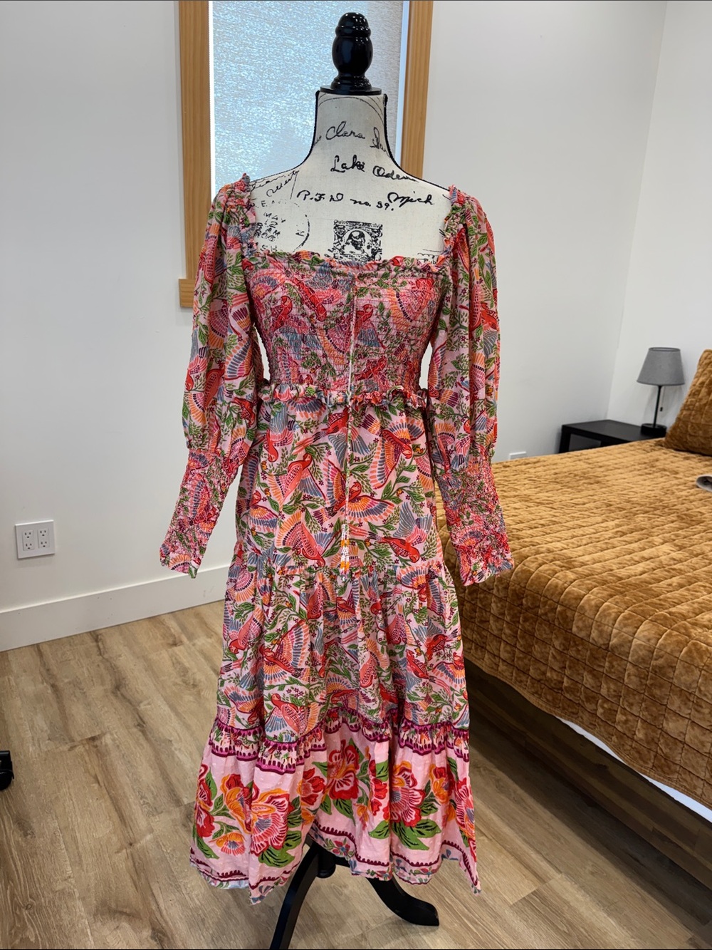 FARM Rio Pink Floral Smocked Midi Dress with Puff Sleeves